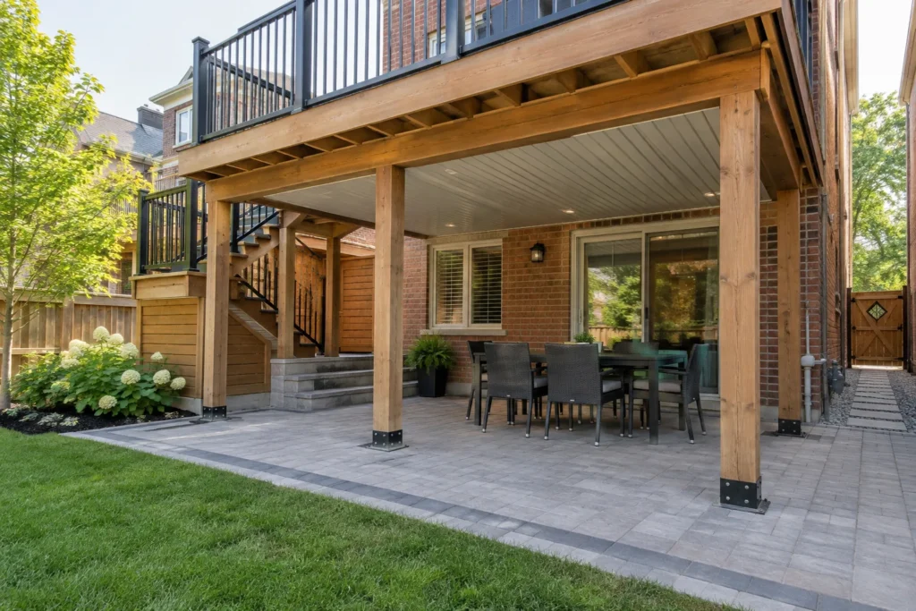 Deck drainage beneath structure with no trapped foundation water