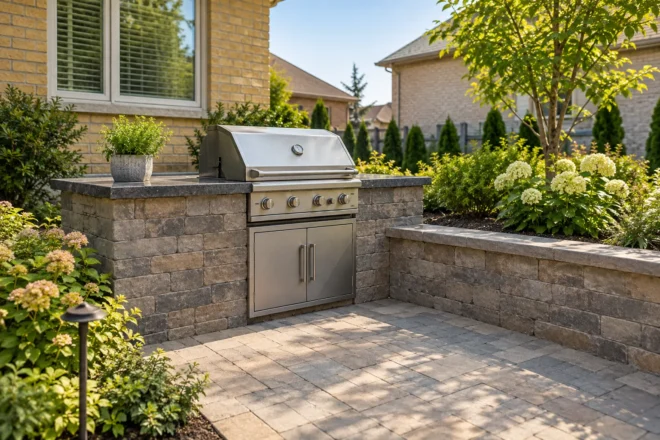 Masonry outdoor cooking station beside a low stone garden wall.