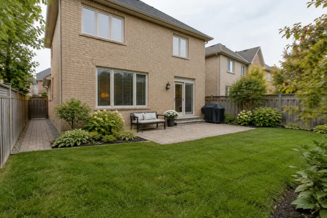 Complete modest backyard with patio, lawn and layered border